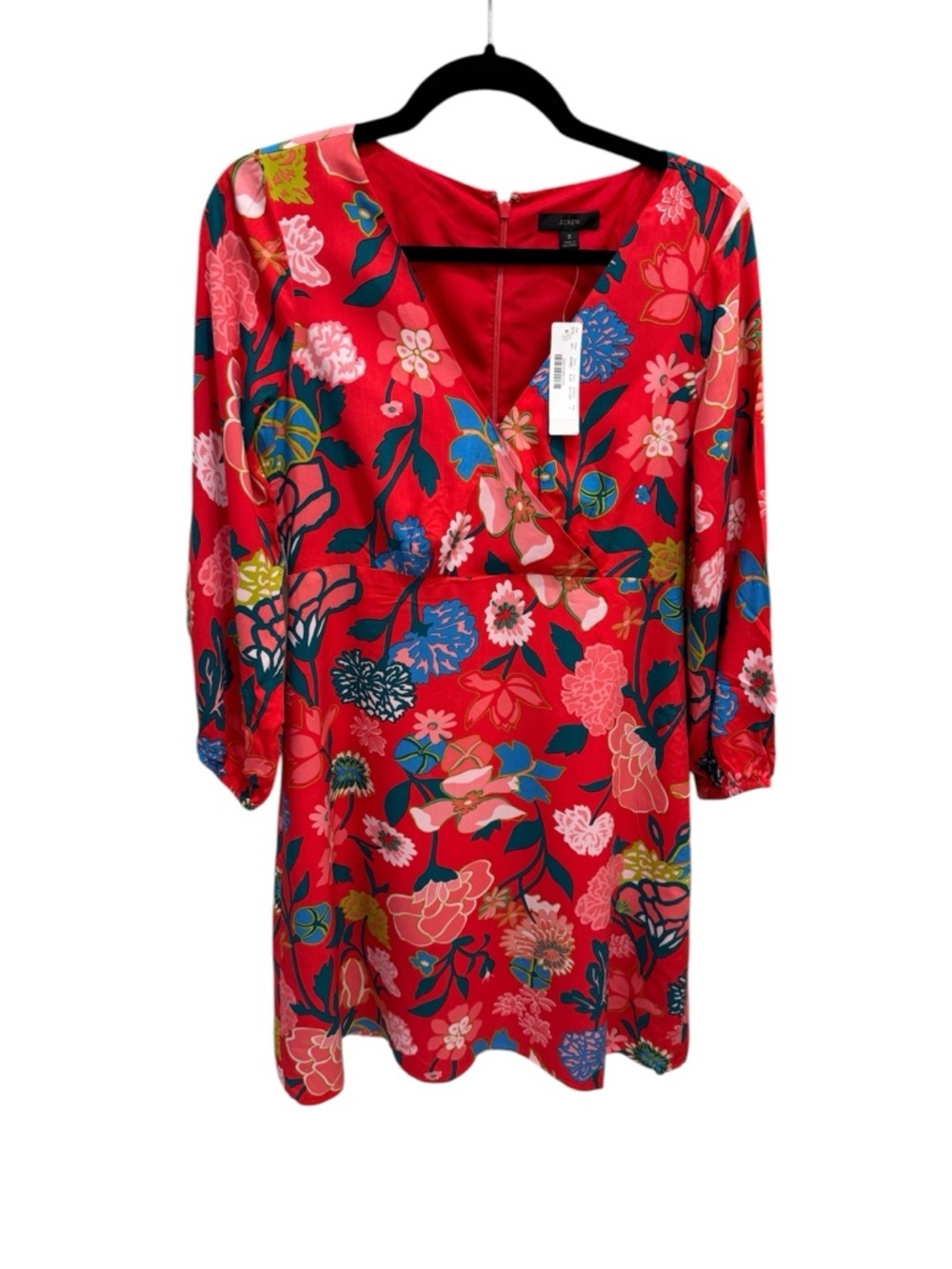 J. Crew Red Floral Wrap Mini Dress Size 2 Long Sleeve Poppy NWT Tropical Party